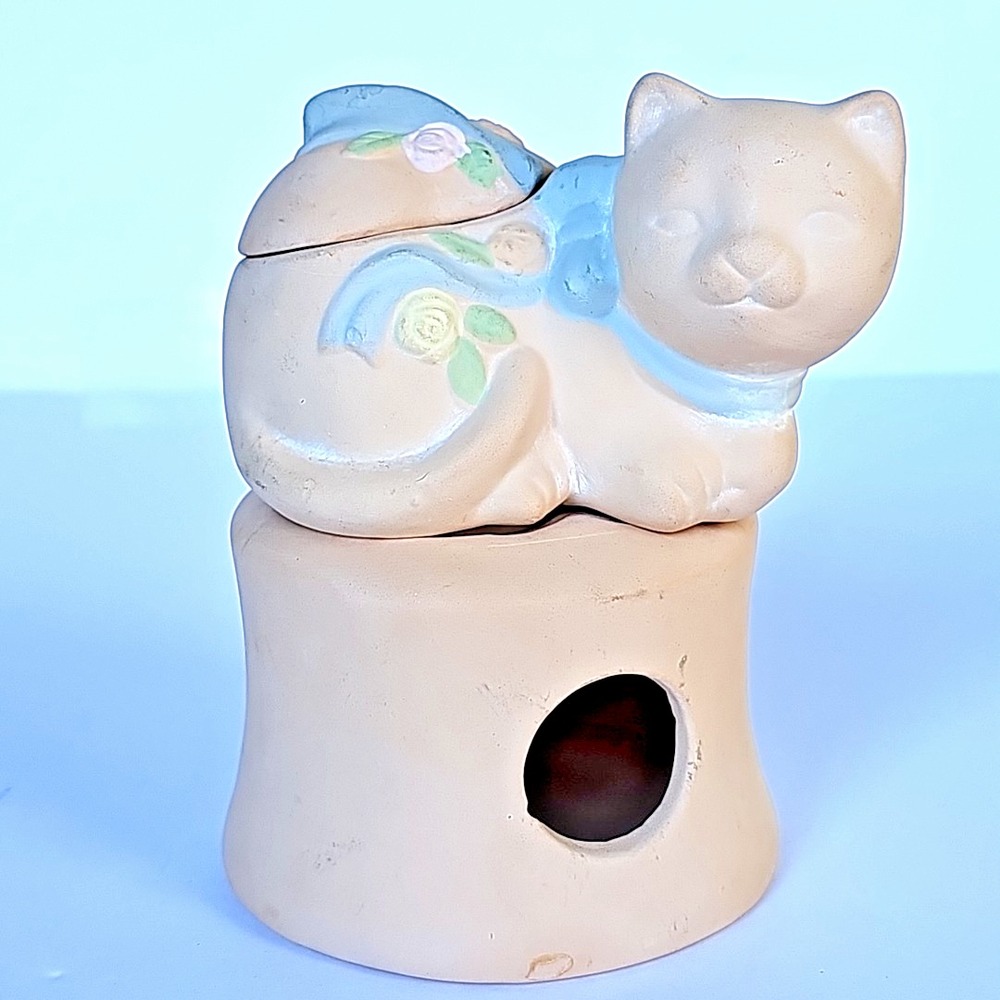 Vintage Terracotta Cat Votive Candle Potpourri Holder 3 Piece Set Blue Bow 1627